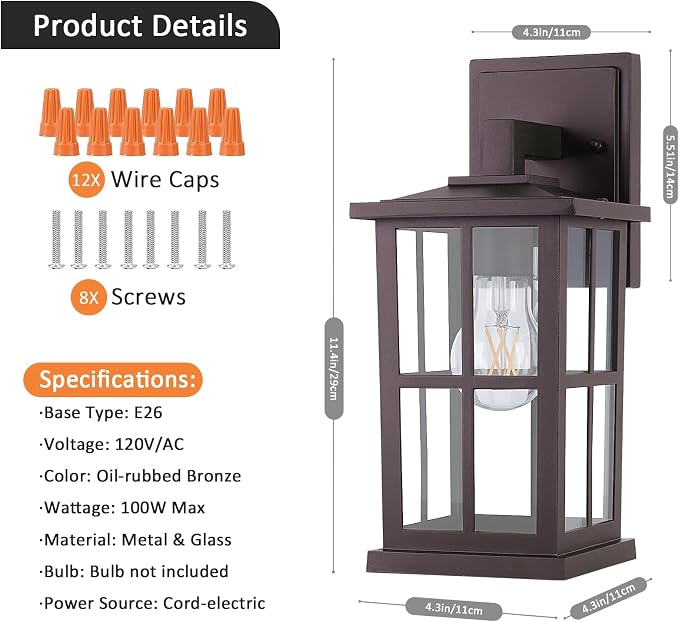 2-Pack Outdoor Wall Light Fixtures, Exterior Porch Lights, Brown | Waterproof, Rust-Resistant, Aluminum Frame & Tempered Glass, Easy to Install, Ideal for Front Door, Garage
