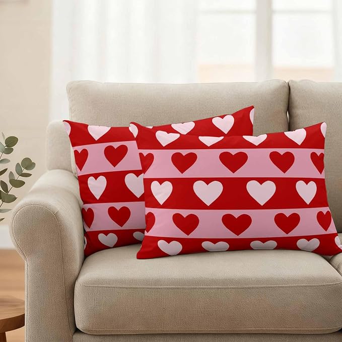 Outdoor Waterproof Throw Pillow Covers, Valentine's Day Decorative Pillow Cases, Romantic Pink Red Love Heart Stripes Couch Pillow Protector Patio Sofa Cushion Covers Replacement 20"x12" 2 Pack