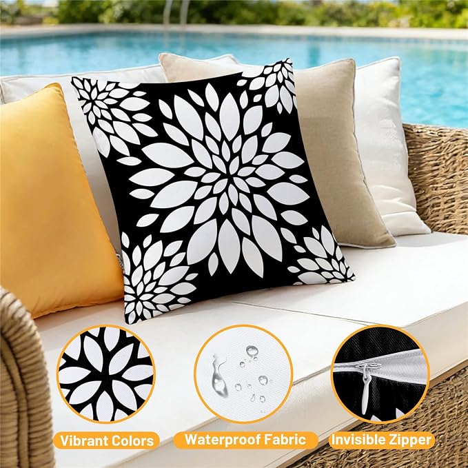 Outdoor Waterproof Throw Pillow Covers 16x16 Set of 4 Black and White Aesthetic Boho Decorative Cushion Cases for Patio Furniture Garden Porch Bench Couch Sunbrella