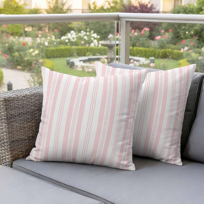 Pink Striped Outdoor Waterproof Pillow Covers, Farmhouse Stripes Modern Geometric Decorative Square Throw Pillowcase Sofa Cushion Sham for Patio/Couch/Chair, 16"x16" 2 Pack