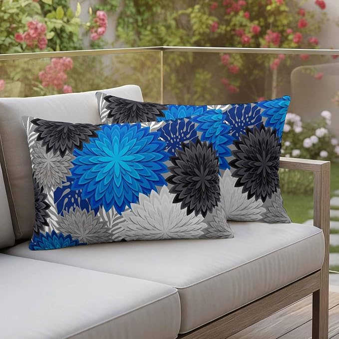 Blue Black Grey Flowers Outdoor Pillow Covers Waterproof, All Weather Cushion Case Set of 2, Boho Colorful Floral Plant Lumbar Pillowcase for Sofa Couch Bed Decor Patio Furniture 20"x12"
