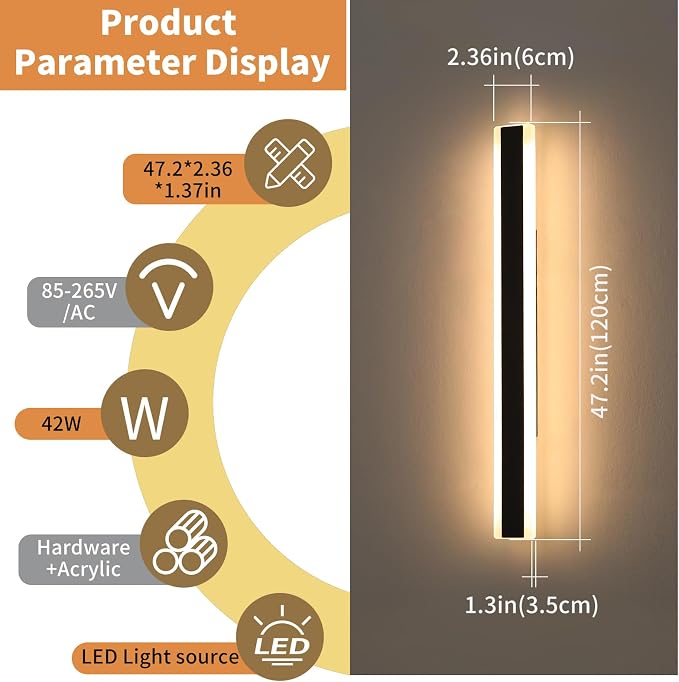 Outside Modern Wall Light, 47inch Outdoor LED Wall Lights, Minimalist Long Strip Wall Sconces, 3000K Warm White, IP65 Waterproof, Black Porch Lighting for Garden, Garage, House, Yard