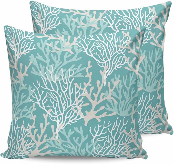 Pack of 2 Outdoor Pillow Covers 18x18 Waterproof Aqua Teal Coral Coastal Throw Pillow Covers, Decorative Pillowcases Nautical Ocean Marine Organism Cushion Covers for Patio Garden Couch Pillow Case