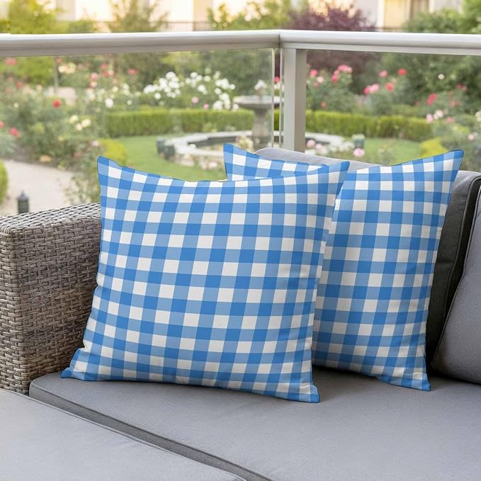 Sky Blue Checks Outdoor Pillow Covers 24"x24" Set of 2, White Gingham Plaid Abstract Modern Coastal Waterproof Throw Pillow Covers for Patio Furniture, Decorative Cushion Covers for Porch