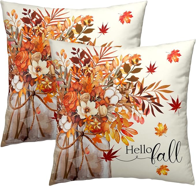Fall Pillow Covers 16x16 Inch Set of 2 Autumn Thanksgiving Outdoor Throw Pillow Covers,Farmhouse Floral Mason Jar Cushion Case for Sofa Couch Decor