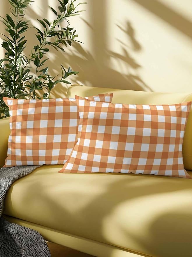 Waterproof Outdoor Pillow Set of 2 Orange Buffalo Plaid Decorative Throw Pillows Cover & Insert 20x12 Inch Lumbar Pillowcase Check Lines Pillows for Couch Sofa Bed Patio Furniture Indoor Outdoor