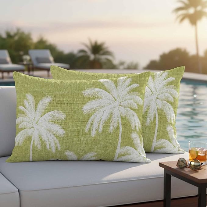 Lumbar Pillow Covers 20x12 Inch Set of 2, Yellow Palm Trees Waterproof Outdoor Pillow Covers, Farmhouse Tropical Summer Beach Decorative Cushion Pillowcases for Couch, Sofa, Bed, Garden, Patio