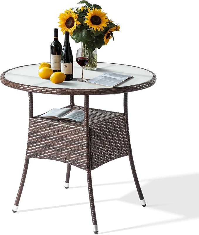 VINGLI 32" Outdoor Dining Table, Wicker Round Patio Table Tempered Glass Patio Dining Table Outdoor Table for Balcony Garden Deck and Porch, Brown