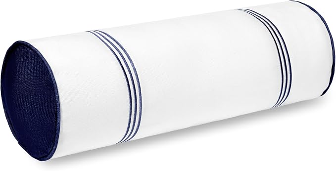 Hofdeco Premium Coastal Hampton Patio Indoor Outdoor Bolster Pillow Cover Only, 6"x20" Water Repellent for Backyard, Couch, Poolside, Navy Blue Embroidered Stripes