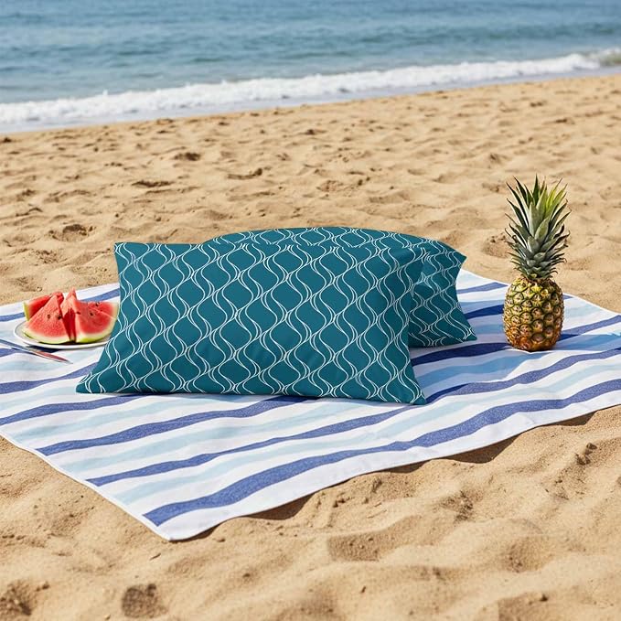 Teal Blue Stripes Outdoor Pillow Covers 20x12 Inch Lumbar Pillow Covers Set of 2 Waterproof Decorative Throw Pillow Cases Simple Geometric Modern Monochrome Cushion Covers for Patio Furniture Garden