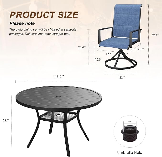 VICLLAX 7 Pieces Outdoor Dining Set, Patio Furniture Set Includes 47" Round Metal Table W/ 1.9" Umbrella Hole and 6 Padded Textilene Swivel Chairs for Porch, Lawn, Garden, Backyard