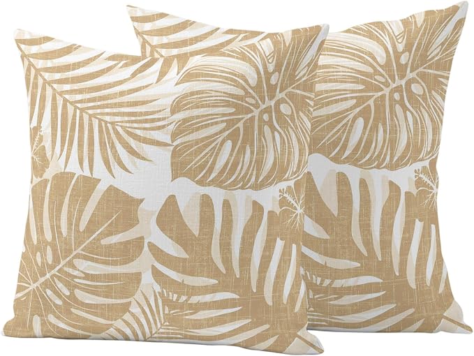 Khaki Palm Leaves Outdoor Pillow Covers 20"x20" Set of 2, Tropical Botanical Minimalist Modern Waterproof Throw Pillow Covers for Patio Furniture, Decorative Cushion Covers for Porch