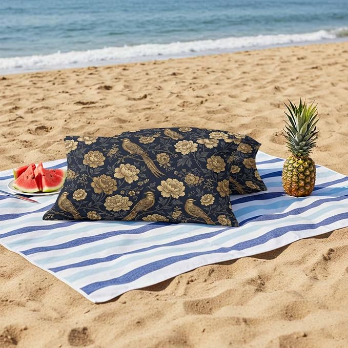 Vintage Gold Navy Blue Floral Outdoor Pillow Covers 20"x12" Set of 2, Bird Peony Flower Traditional Waterproof Throw Pillow Covers for Patio Furniture, Decorative Cushion Covers for Porch