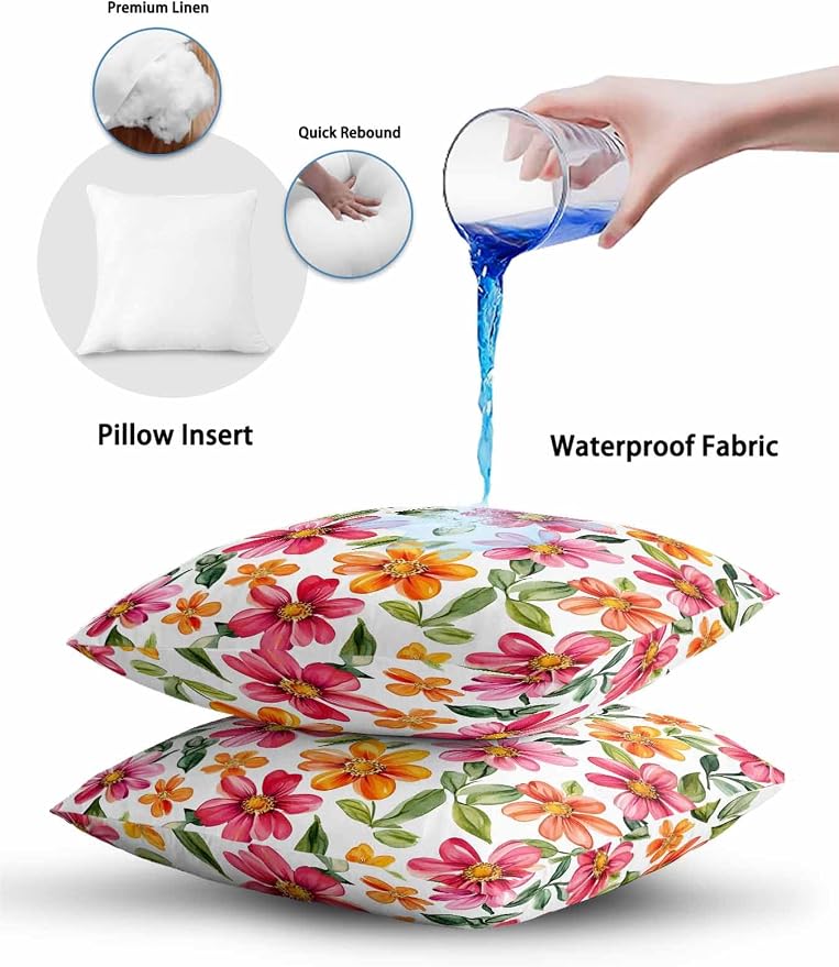 Outdoor Waterproof Throw Pillows Spring Watercolor Wild Flower Patio Pillows,Decorative Pillow Covers with Insert,Pillow Cushion Case for Garden Couch Sofa Country Small Pink Flower