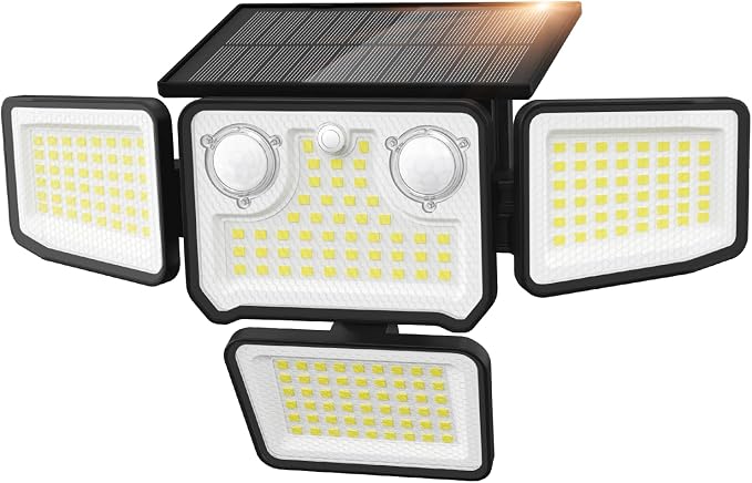 4500LM Solar Lights Outdoor Waterproof, 197 LED Solar Flood Lights Outdoor with 2 Motion Sensor, 4 Heads Security Light for Yard Outside House Garage 1 Pack