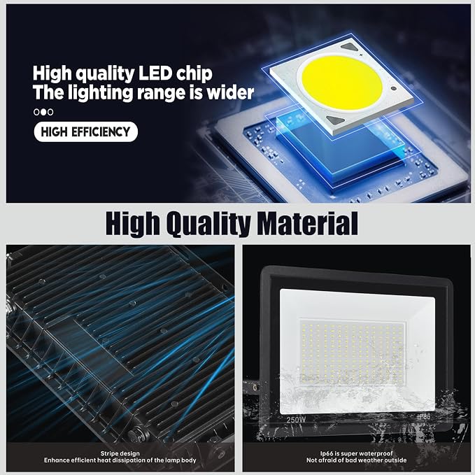 2Pack LED Flood Light Outdoor,250W LED Work Light 25500lm with 6FT US Plug,IP66 Waterproof Exterior Security Lights,6000K Daylight White Outside Floodlights Slim Design for Playground Yard