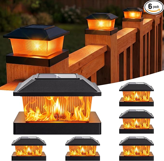 btfarm 4x4 Solar Flame Post Cap Lights Outdoor, 6 Pack Flickering Flame Fence Deck Post Lights, Waterproof Solar Powered Lighting Outside Fit 4x4 3.5x3.5 Wooden/Vinyl for Porch Patio Garden, Black Cap