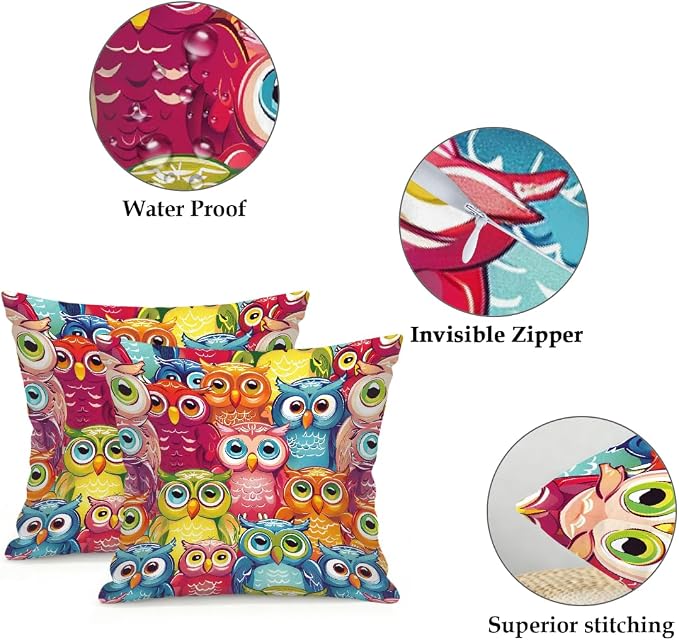 20x20 Inch Outdoor Pillow Covers Set of 2 Waterproof Throw Pillow Covers Decorative Couch Cushion Covers Colorful Cute Owl Square Pillowcases Protectors for Patio Garden Sofa