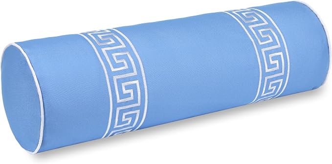 Hofdeco Premium Coastal Hampton Patio Indoor Outdoor Bolster Pillow Cover Only, 8"x24" Water Repellent for Backyard, Couch, Poolside, Azure Blue Embroidered Greek Key