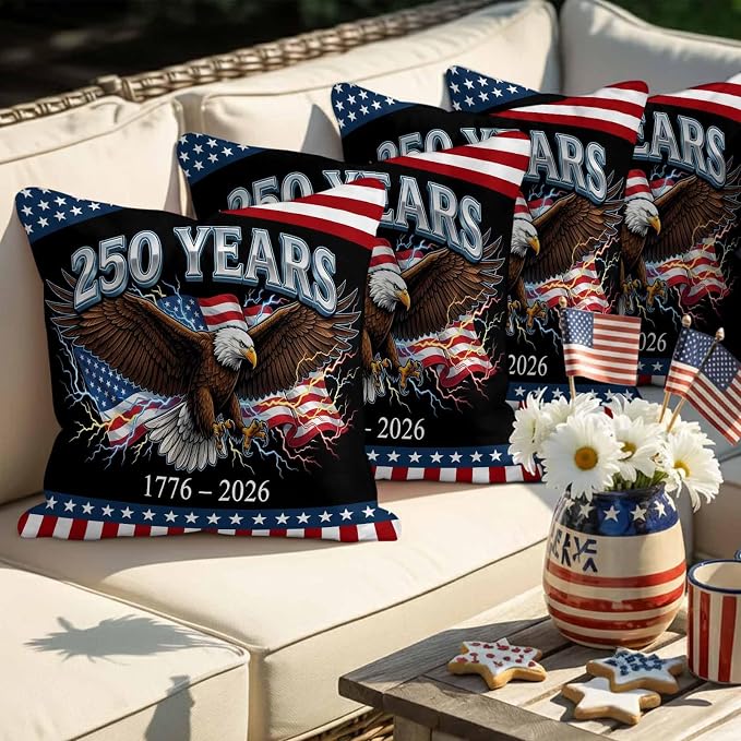 America 250 Years Eagle Outdoor Pillow Covers 18"x18" Set of 2, Independence Day Lightning Red Blue Flag Waterproof Throw Pillow Covers for Patio Furniture, Decorative Cushion Covers for Porch