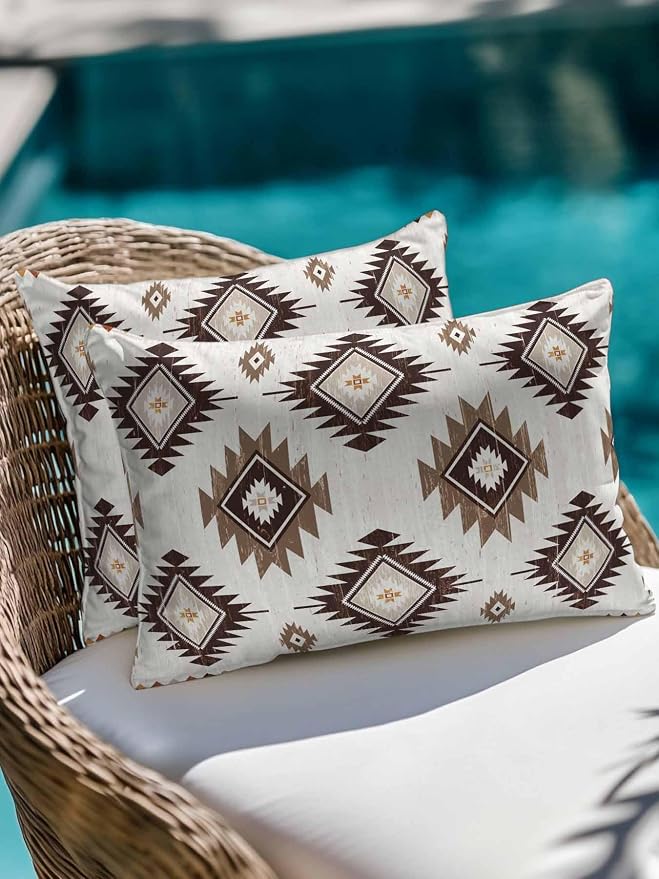 Waterproof Outdoor Pillow 1 Pack Brown Boho Aztec Decorative Throw Pillows Cover & Insert 20x12 Inch Lumbar Pillowcase Southwest Tribal Style Pillows for Couch Sofa Bed Patio Furniture Indoor Outdoor