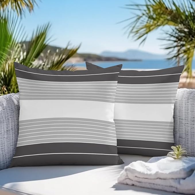 Black Grey Stripe Outdoor Pillow Covers Waterproof, All Weather Cushion Case Set of 2, Modern Art Horizontal Striped Decorative Pillowcases for Sofa Couch Bed Decor Patio Furniture 18"x18"