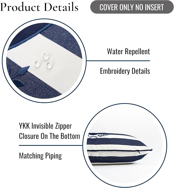 Hofdeco Premium Coastal Outdoor Performance Lumbar Pillow Cover Only, 12"x20" Water Repellent, UV and Fade Resistant for Backyard, Couch, Poolside, Navy Blue Embroidered Nautical Yacht Stripe