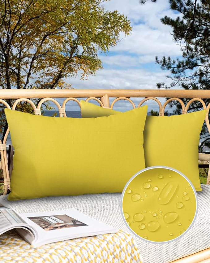 Outdoor Waterproof Pillow Covers for Patio Furniture Bright Yellow Decorative Throw Pillow Cover Solid Color Pillowcases Set of 2 Cushion Case for Sofa Couch Chair Home Decor 20x12 inch x 2pcs