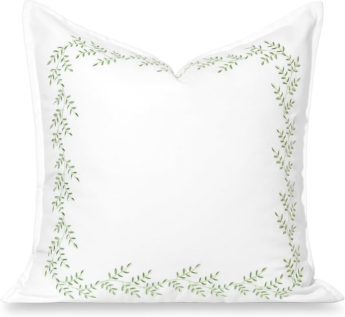 Hofdeco Premium Grandmillennial Patio Indoor Outdoor Throw Pillow Cover Only, 20"x20" Water Repellent for Backyard, Couch, Poolside, Grass Green Embroidered Leaves Frame