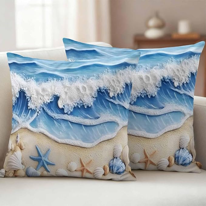 Summer Beach Outdoor Waterproof Throw Pillow Covers Set of 2, 26"x26", Seashell Starfish Nautical Coastal Decorative Pillow Covers Outside Cushion Case for Patio Porch Garden