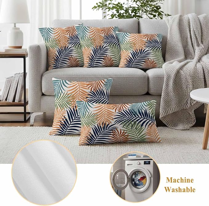 Red Green Navy Palm Leaves Outdoor Pillow Covers 20"x20" Set of 2, Summer Botanical Vintage Tropical Leaf Rustic Waterproof Throw Pillow Covers for Patio Furniture, Decorative Cushion Covers for Porch