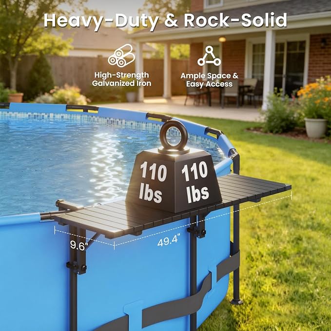 Future Way Poolside Bar, Above Ground Pool Bar, 49.4×9.6" Carbon Steel Poolside Table, Swim Up Bar Fits Top Rails 4.48"or Less, Holds 110LBS, Frame Round & Oval Above Ground Swimming Pools Accessories