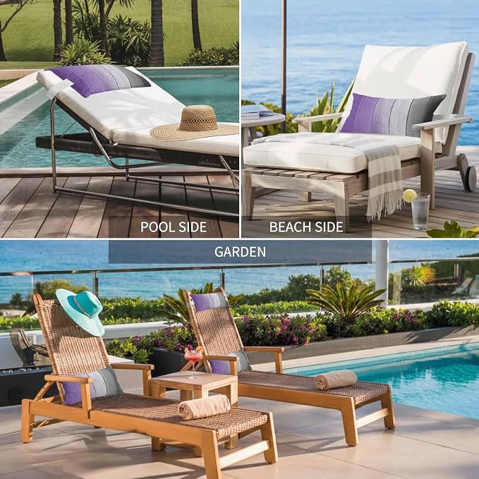 Purple Gray Ombre Outdoor Pillows for Chaise Lounge Chair Waterproof Lumbar Pillows with Insert&Strap Beach Headrest Pillow Vintage Country Wooden Recliner Neck Pillow for Patio Pool 12"x20"
