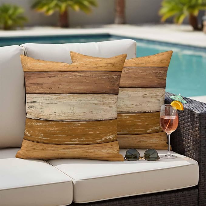 Farmhouse Yellow Brown Outdoor Waterproof Pillow Covers, Vintage Wooden Striped Decorative Square Throw Pillowcase Sofa Cushion Sham for Patio/Couch/Chair, 18"x18" 2 Pack