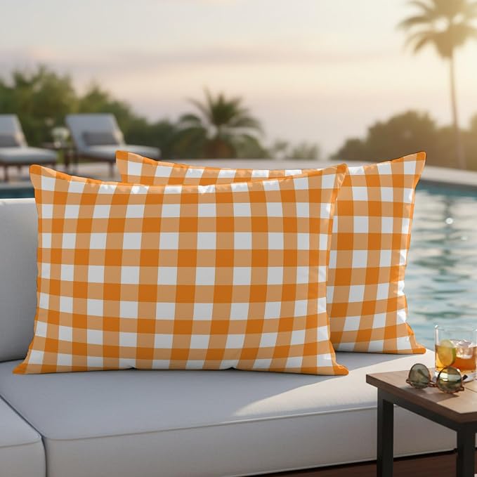 Orange Checks Outdoor Pillow Covers 20"x12" Set of 2, White Gingham Plaid Abstract Modern Summer Waterproof Throw Pillow Covers for Patio Furniture, Decorative Cushion Covers for Porch