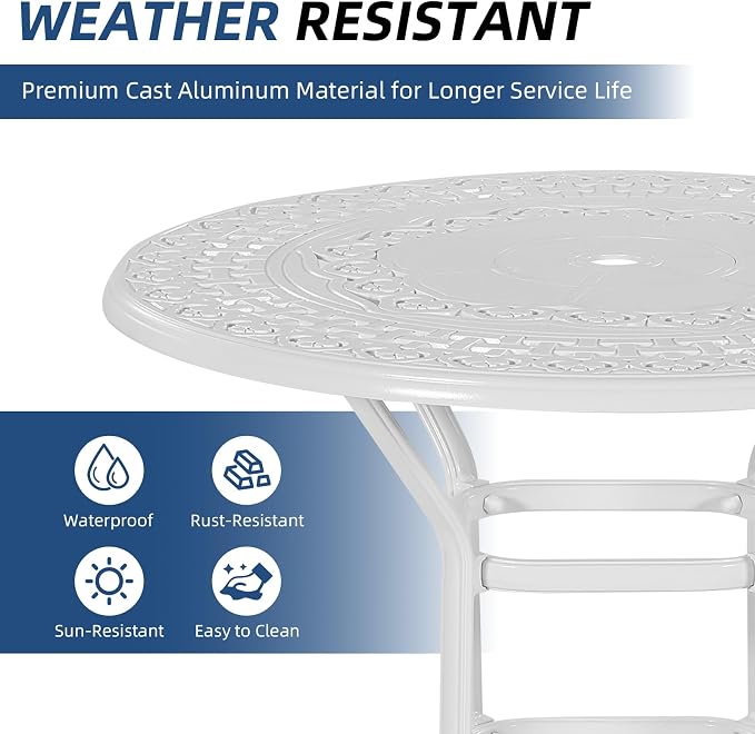 Outdoor Cast Aluminum Bar Table, 38.5" Patio Bar Height Table with 2" Umbrella Hole, All Weather High Top Bistro Round Dining Table for Outside Deck Porch Balcony Poolside, White