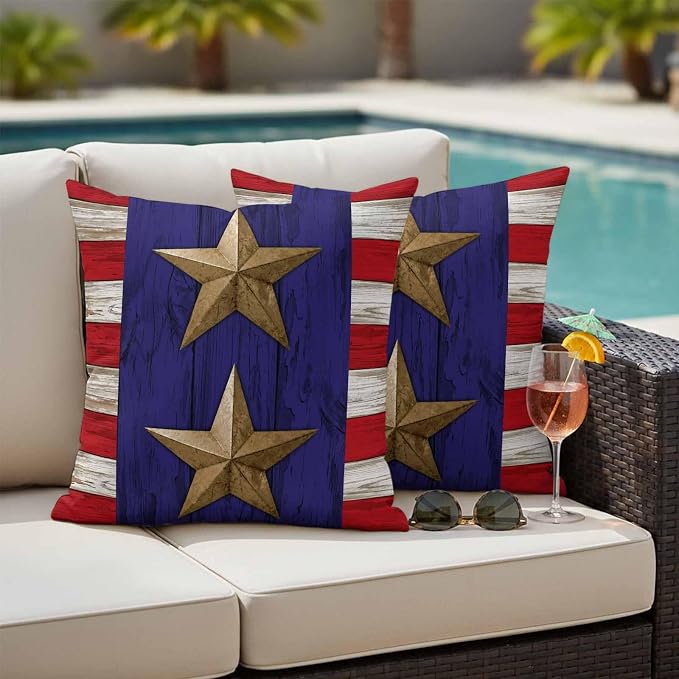 4th of July Outdoor Throw Pillows Covers 16x16 inch Set of 2 Waterproof Patriotic Stars Stripes Decorative Zippered Cushion Covers for Patio Furniture, Red White Blue Wood Grain Lumbar Pillowcases