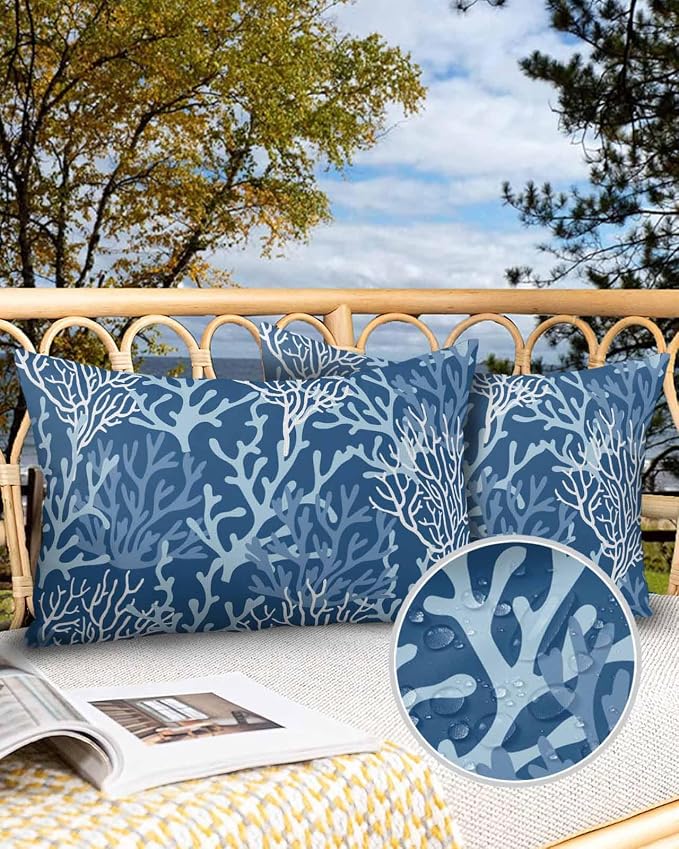 Pack of 2 Outdoor Pillow Covers 20x12 Waterproof Navy Blue Coral Throw Pillow Covers, Decorative Pillowcases Summer Coastal Beach Ocean Cushion Covers for Patio Garden Couch Pillow Case