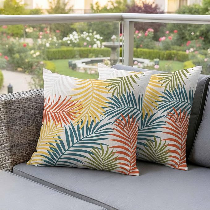Outdoor Waterproof Throw Pillow Covers, Orange Green Yellow Palm Leaves Decorative Pillow Cases, Summer Botanical Tropical Leaf Couch Pillow Protector Patio Sofa Cushion Covers 18"x18" 2 Pack