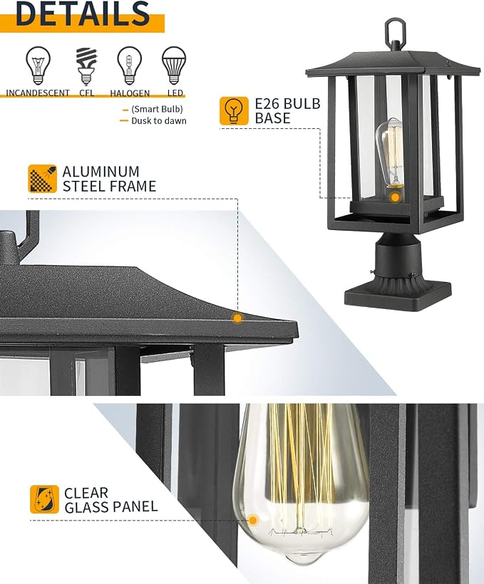 Beionxii Outdoor Post Lights, Large Exterior Lamp Post Light Fixture with Pier Mount Base, Black Cast Aluminum w/Clear Glass (19" x 9") - A197P-2PK (NOT Solar, 110-120V AC)