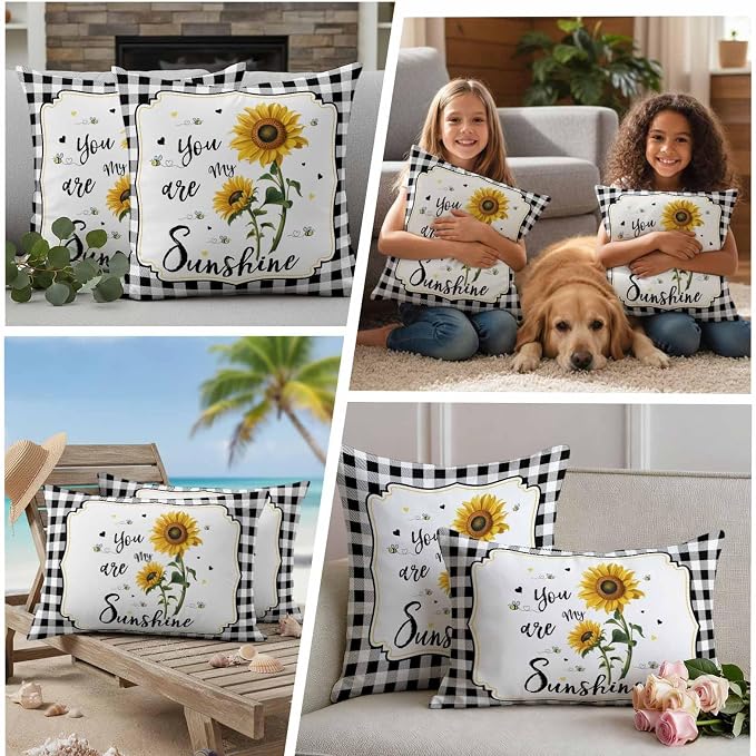 Vandarllin Outdoor Throw Pillows Covers 18X18 Set of 2 Waterproof Yellow Sunflower Bees Decorative Zippered Lumbar Cushion Covers for Patio Furniture, Black Buffalo Check Plaid