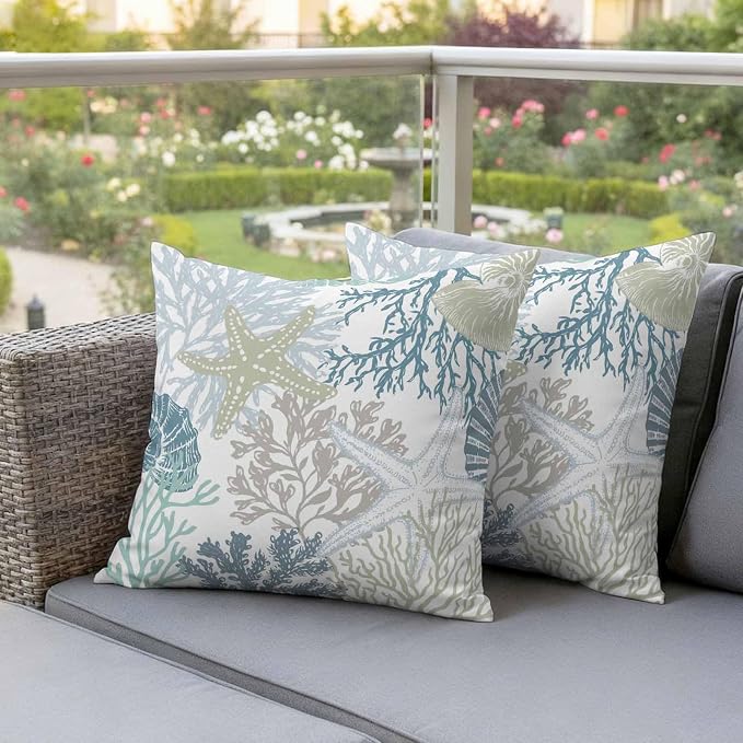 Blue Coral Coastal Waterproof Outdoor Pillow Covers 26''x26'' Set of 2, Starfish Conch Patio Furniture Summer Cushion Covers for Chairs, Decorative Beach Ocean Pillow Cases for Garden/Pool/Beach
