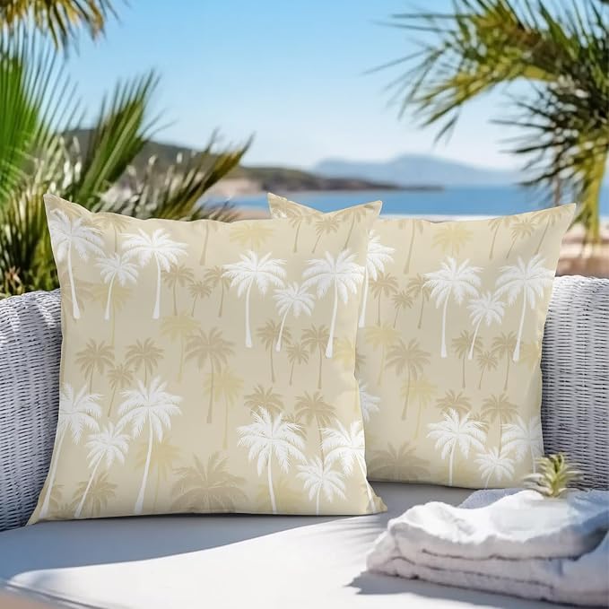 Throw Pillow Covers 18x18 Inch Set of 2, Tropical Palm Tree Waterproof Outdoor Pillow Covers, Beige White Plants Coastal Leaf Beach Decorative Cushion Pillowcases for Couch, Sofa, Bed, Garden, Patio