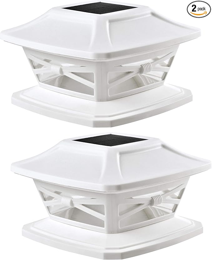 Davinci Flexfit Solar Outdoor Post Cap Lights, 4x4 5x5 6x6, Bright LED, 2PK | Pearl White, Wooden Posts, fence/deck/garden/patio, UV fade-protected plastic, auto-on, 7-8h, cordless, IP44, 25lm warm white