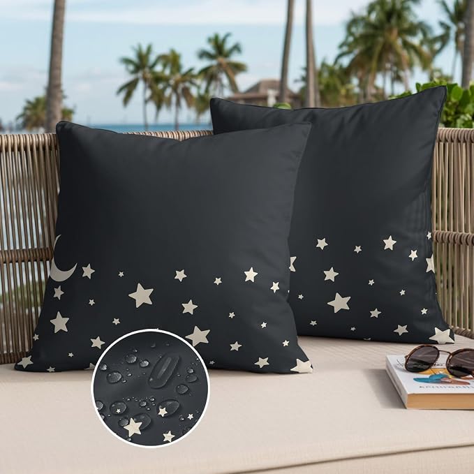 Stars Moon Waterproof Outdoor Pillow Covers Set of 2 Home Decor, Starry Night Black Pillowcase Patio Pillow Covers for Couch Bench Patio Furniture Garden 18x18in