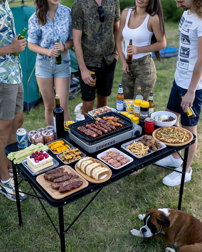 3 ft Folding Table with Adjustable Height, Camping Table with Carry Handle, Metal Mesh Table ,Portable Grill Table for Camping, Tailgating, BBQ, Picnic & Indoor, Fits 3–6 People, Supports 66 lb, Black