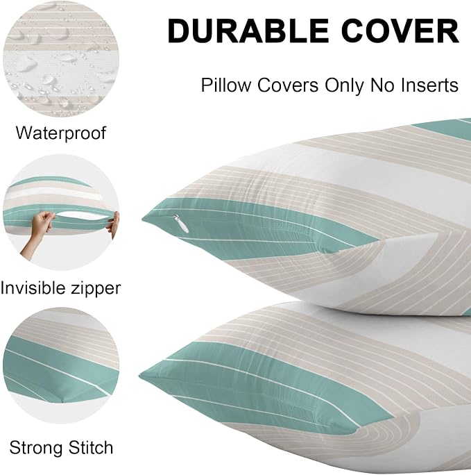 Turquoise Beige Stripe Outdoor Pillow Covers Waterproof, All Weather Cushion Case Set of 2, Modern Art Horizontal Striped Decorative Pillowcases for Sofa Couch Bed Decor Patio Furniture 16"x16"