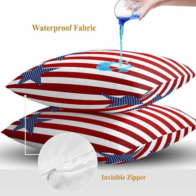 4th of July Outdoor Throw Pillows Covers 18x18 inch Set of 2 Waterproof Patriotic American Flag Zippered Cushion Covers for Patio Furniture, Red White and Blue Stars Stripes Lumbar Pillowcases