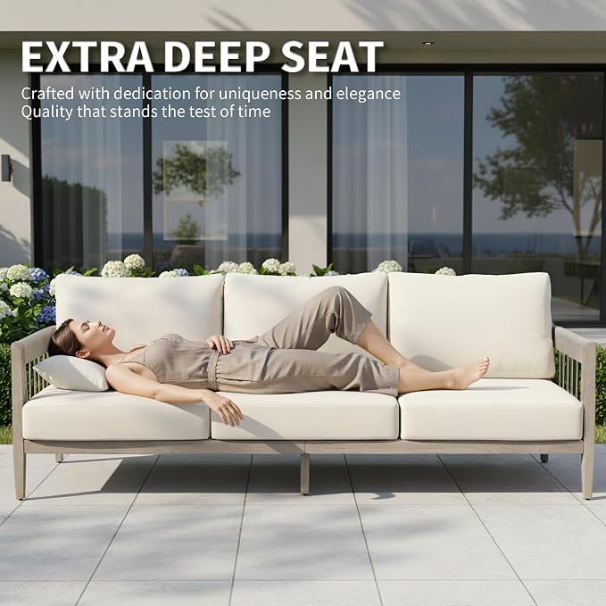 3-Seater Outdoor Sofa, Never-Rust Aluminum Patio Couch with Hand-Woven Rope Armrests & Extra Thick Cushions, Faux Wood Grain Finish Modern Outdoor Furniture Set for Balcony, Deck, Porch