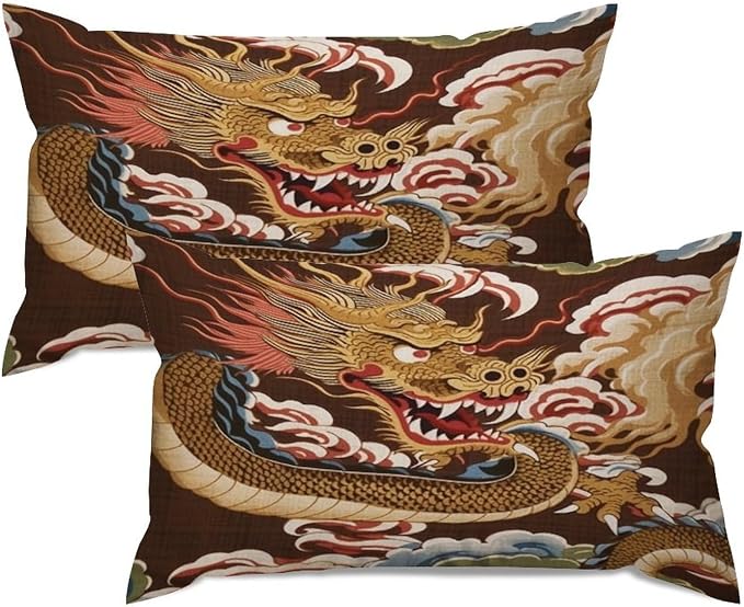 Set of 2 Chinese Oriental Style Asian Dragon Gold Cushion Cover Case with Zipper 12x20in Canvas Pillow Cover Rectangle Pillow Case for Couch Bed Car Pub Coffee Bar Living Room Decoration